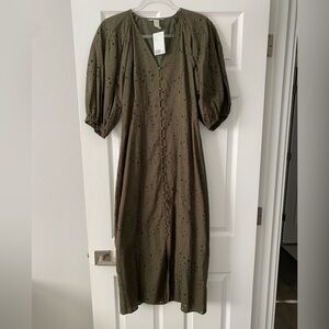 H&M Khaki Midi Dress with Puff Sleeves